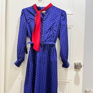 Blue Print 80's Long-sleeved Dress with Matching Neck Scarf and Belt